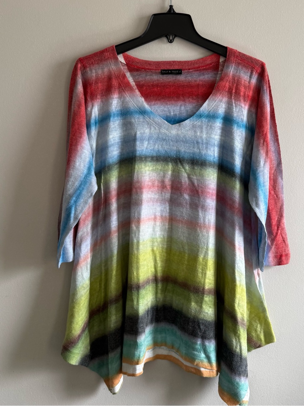 Multicolor Striped V-Neck Tunic Soft Knit Sweater Top Lagenlook Coastal